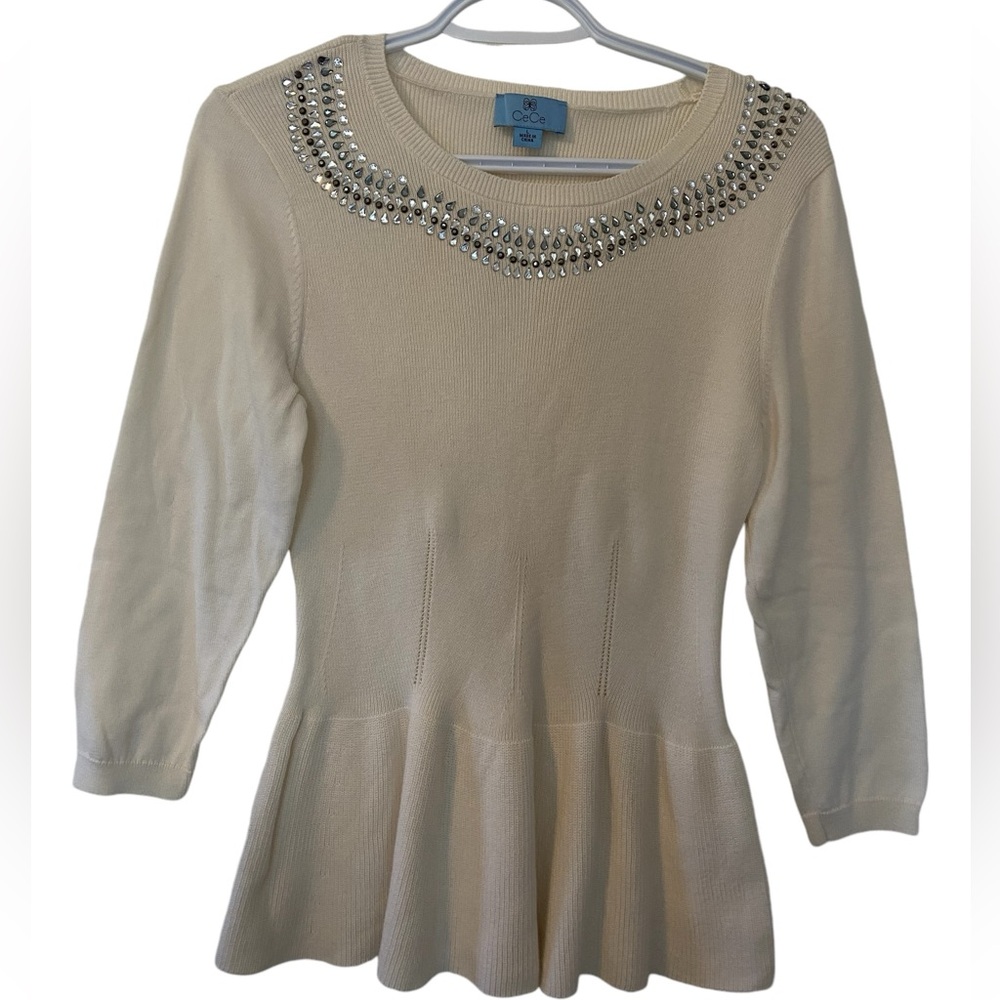 Gorgeous Cece Cream Dressy Bedazzled Stretch Peplum Knit sweater